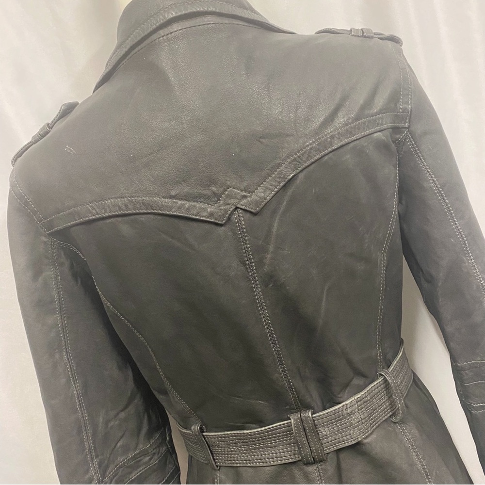 Dick & Jayne Charcoal Gray/Black Genuine Leather Belted Trench Coat - Picture 8 of 11
